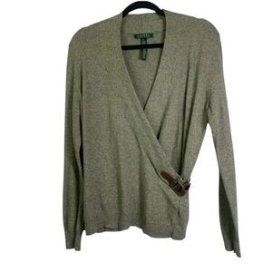 LAUREN RALPH LAUREN Sweater M Knit Wrap Style Leather & Brass Buckle Closure